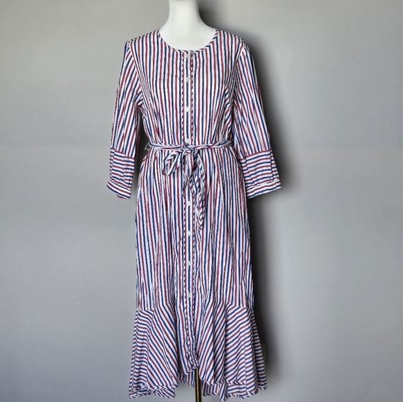 J. Crew Belted Striped Button-Down Shirt Dress Red White Blue Rainbow Resortwear - Picture 12 of 12